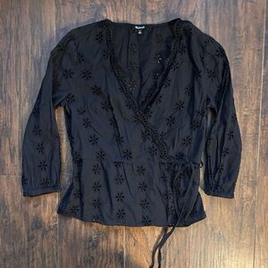 Madewell Black Embroidered Wrap Blouse